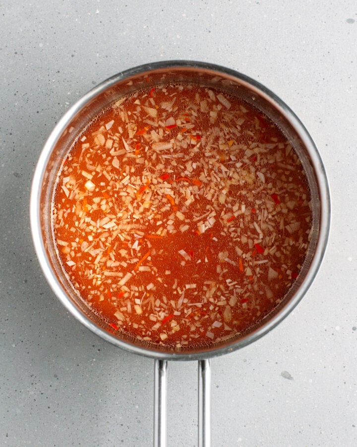 Garlic, ginger, water, chili, and vinegar combined in a saucepan.