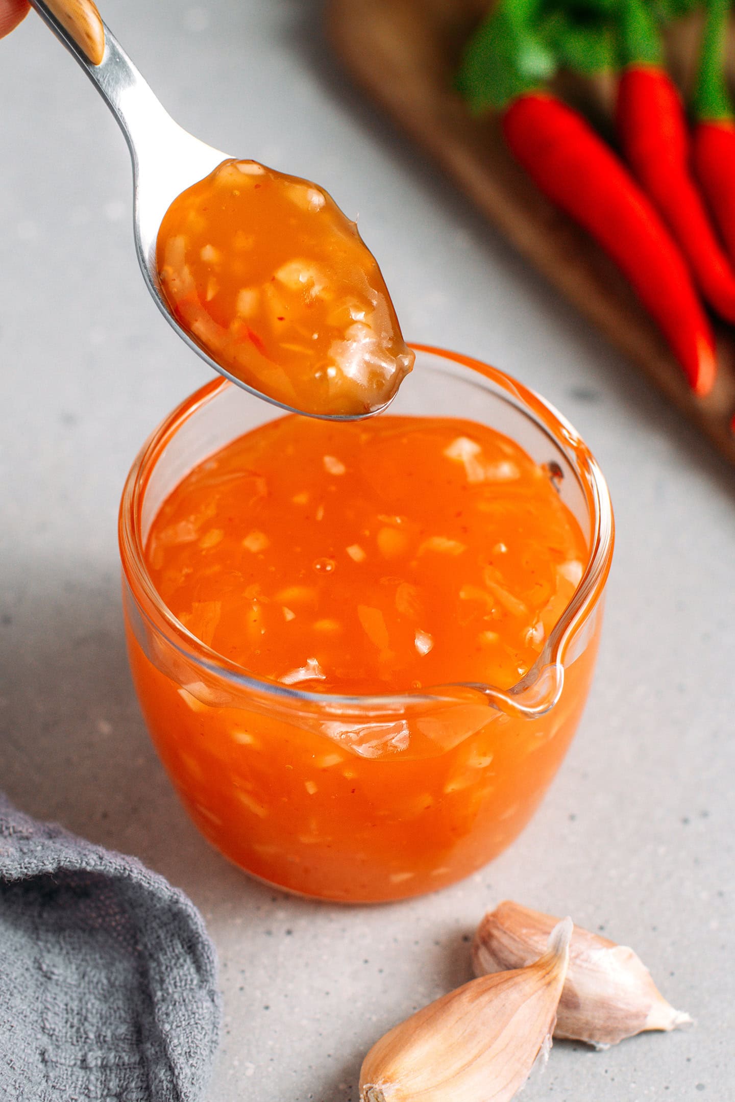 Close-up of homemade sweet and sour chili sauce.