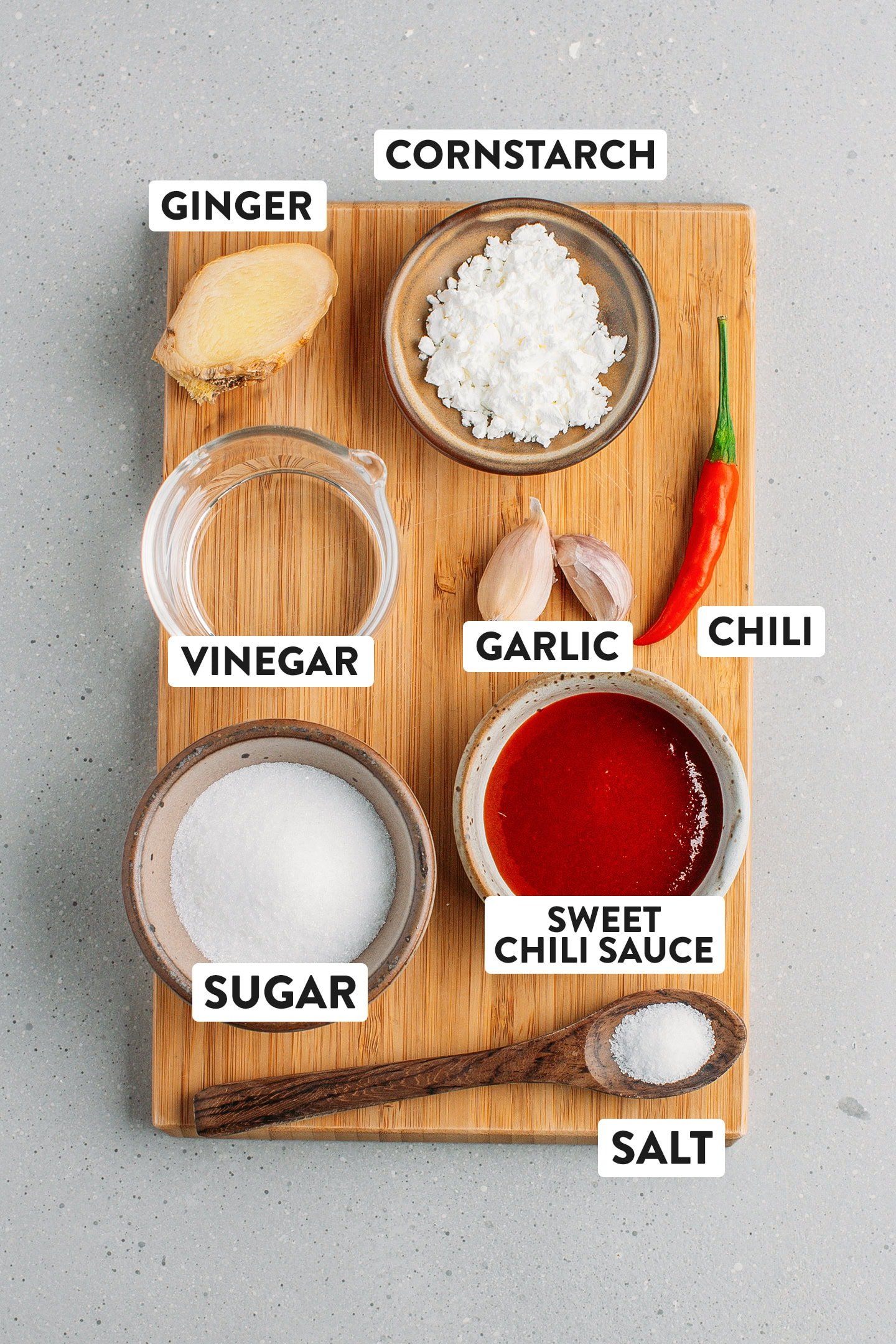 Ingredients like sugar, sweet chili sauce, garlic, vinegar, and cornstarch.