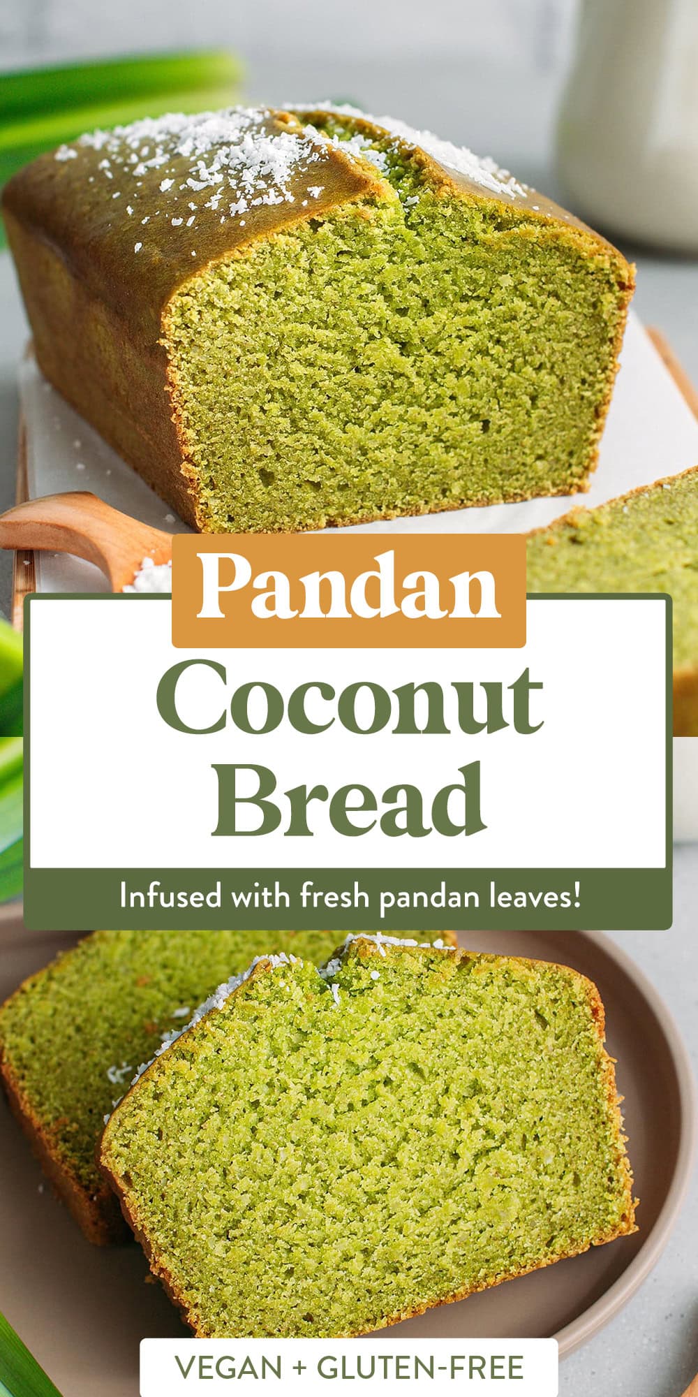 Perfectly sweet, with a soft and moist crumb, this pandan coconut bread is infused with fresh pandan leaves and rich coconut milk for floral notes and a hint of nuttiness. Bonus: it's gluten-free and made without any refined sugar! #pandan