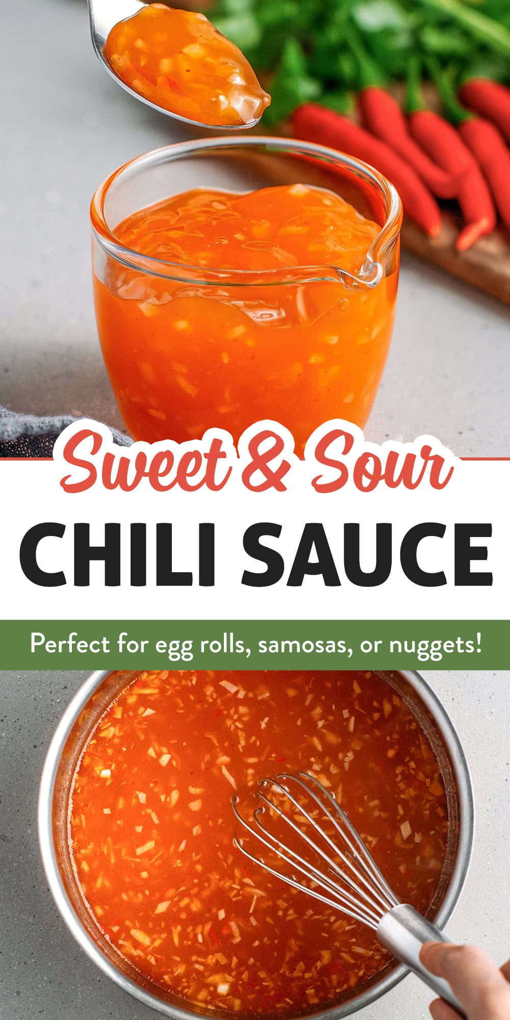 This homemade sweet, sour, and spicy chili sauce is perfect for egg rolls, fried dumplings, samosas, or nuggets! It is infused with garlic, ginger, and chili for the perfect balance of flavor!