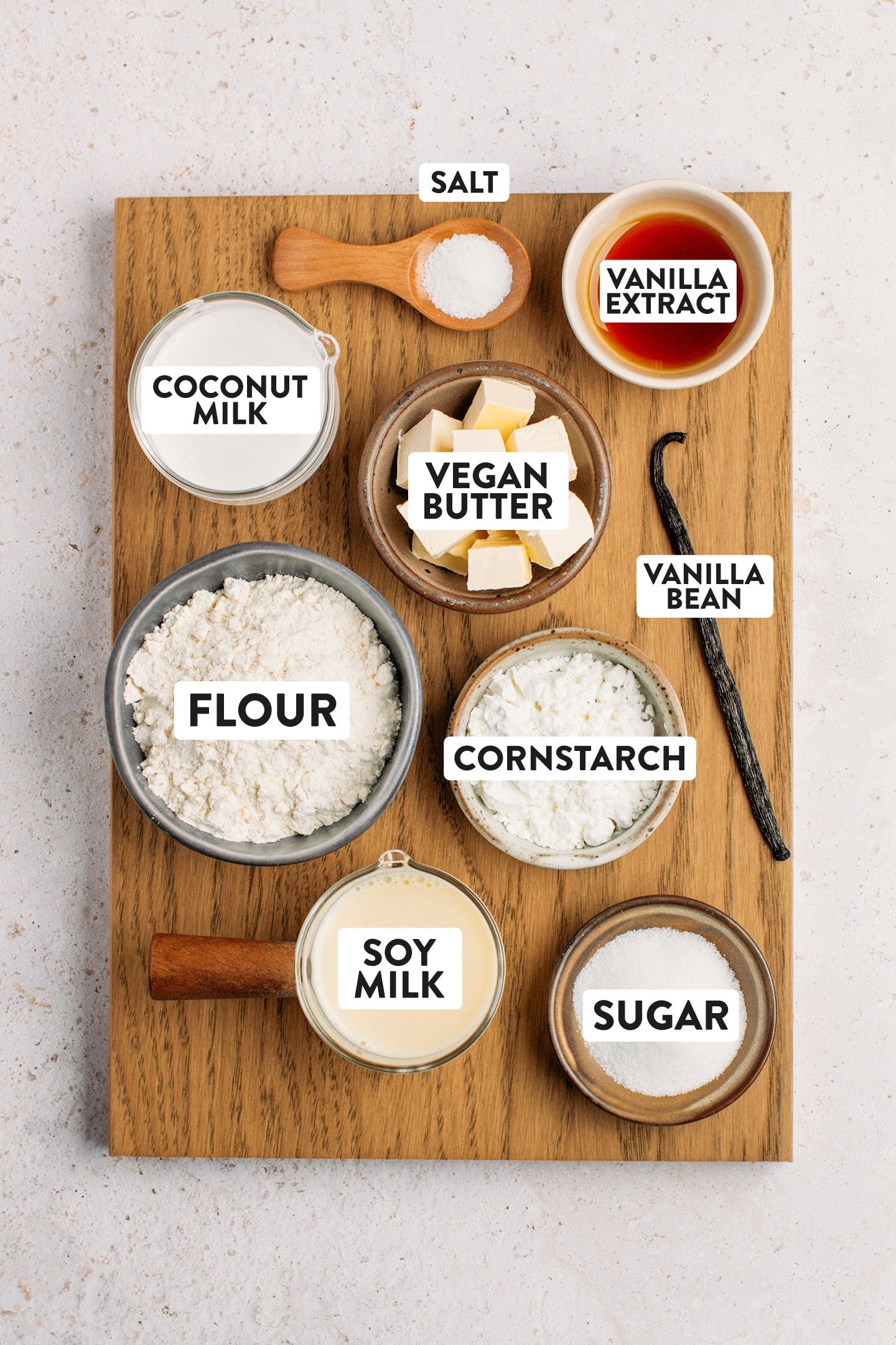 Ingredients like soy milk, flour, cornstarch, butter, and vanilla.