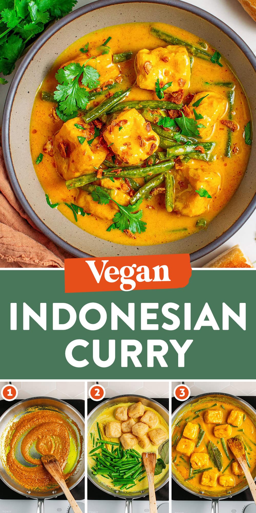 This 35-minute Indonesian curry features chewy tofu and green beans, simmered in a velvety-smooth coconut sauce infused with lemongrass, galangal, and kaffir lime leaves for a bright, lemony flavor. Garnish with chopped cilantro and fried shallots, and serve with rice or crusty bread! #indonesian #curry