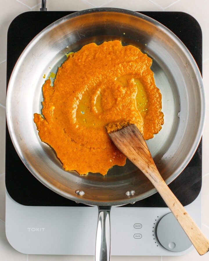 Chili paste and oil in a skillet.