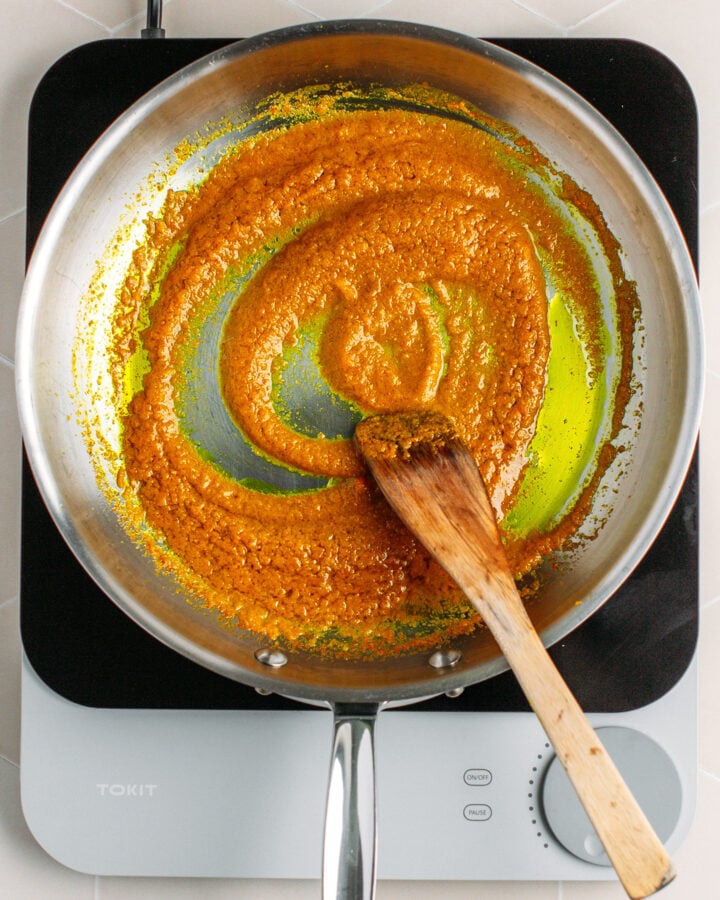 Sautéed chili paste in a skillet.