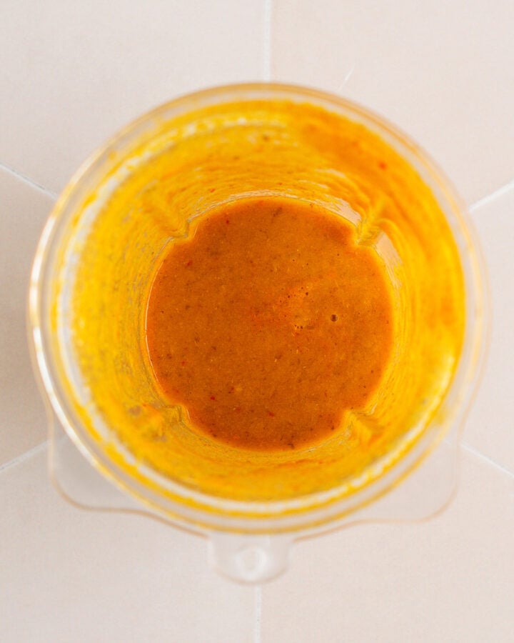 Blended chili paste in a blender.