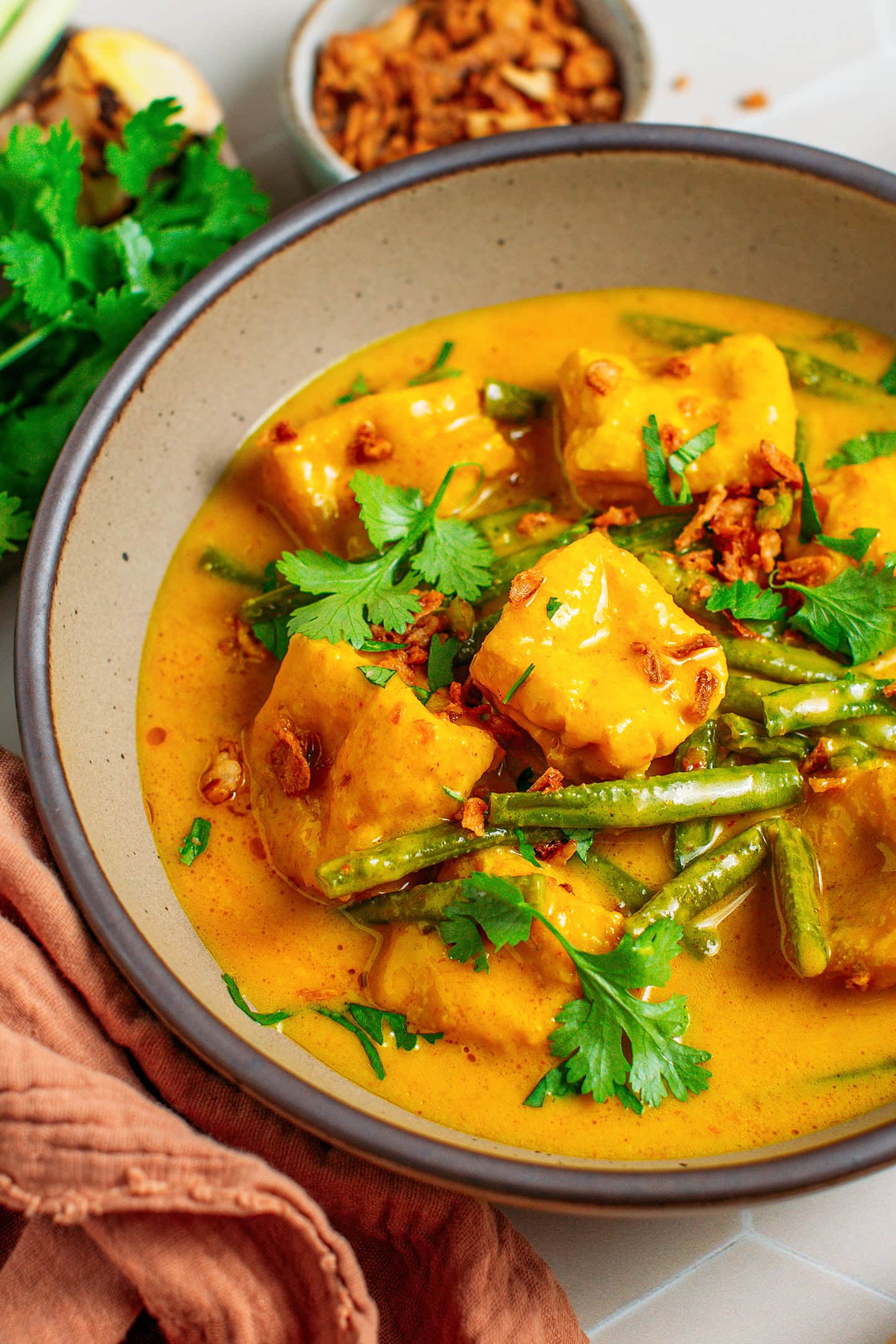 Close-up of Indonesian curry with tofu puffs, green beans, and cilantro.