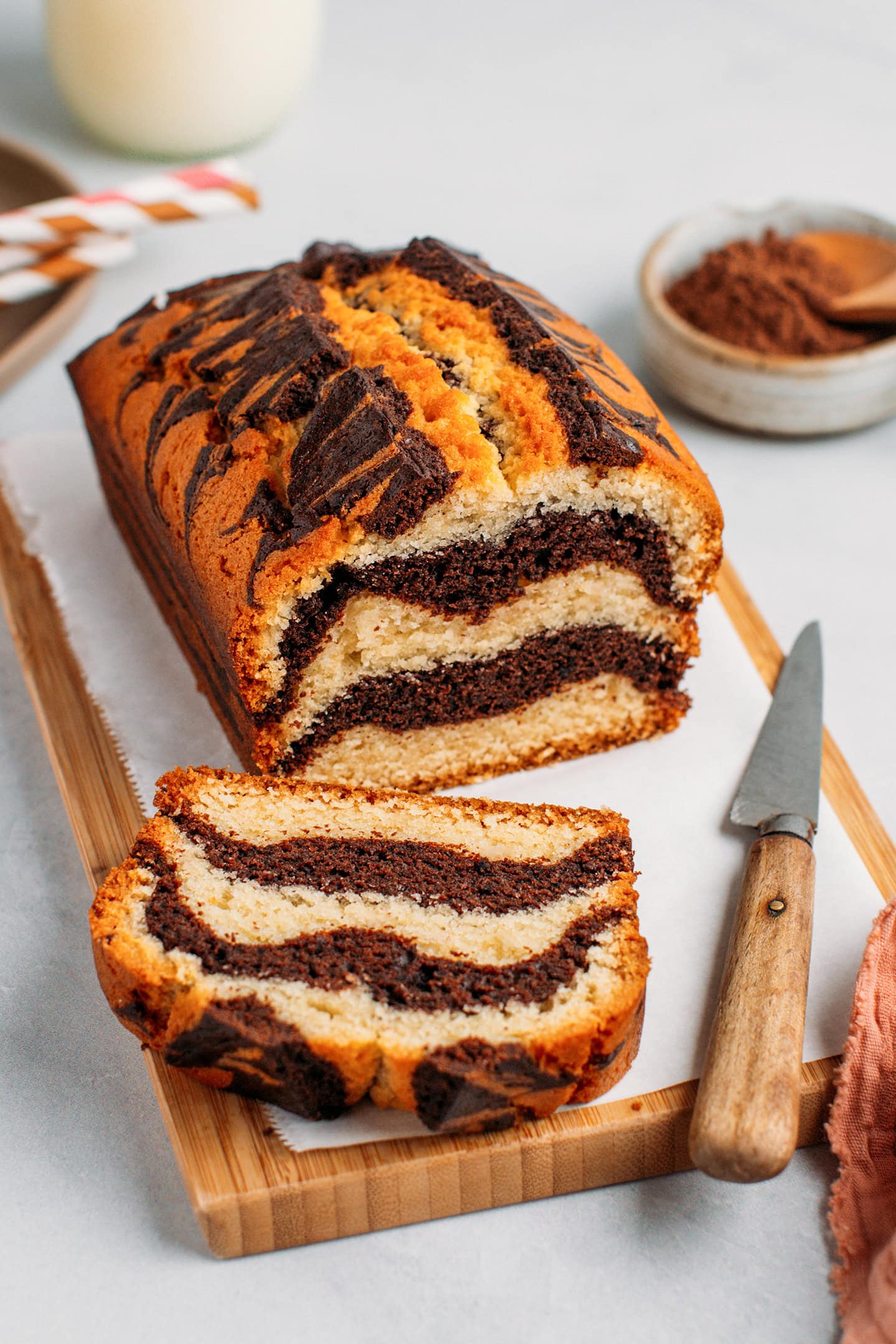 Marble cake on a wooden board.