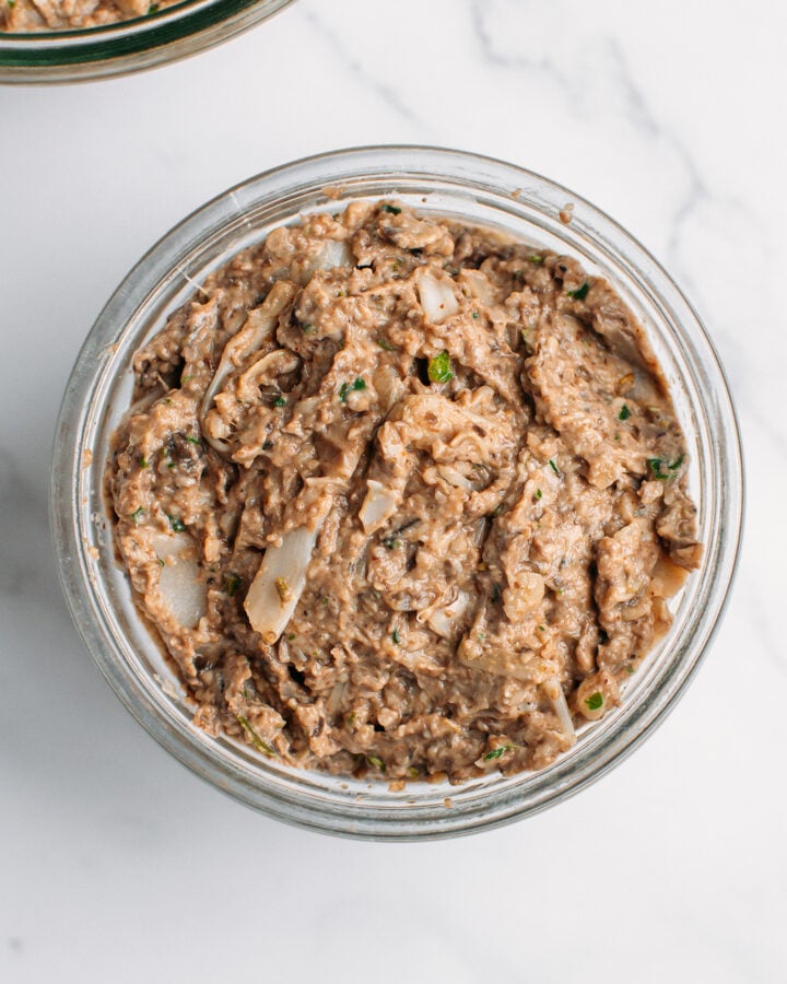 Vegan rillettes in a glass jar.