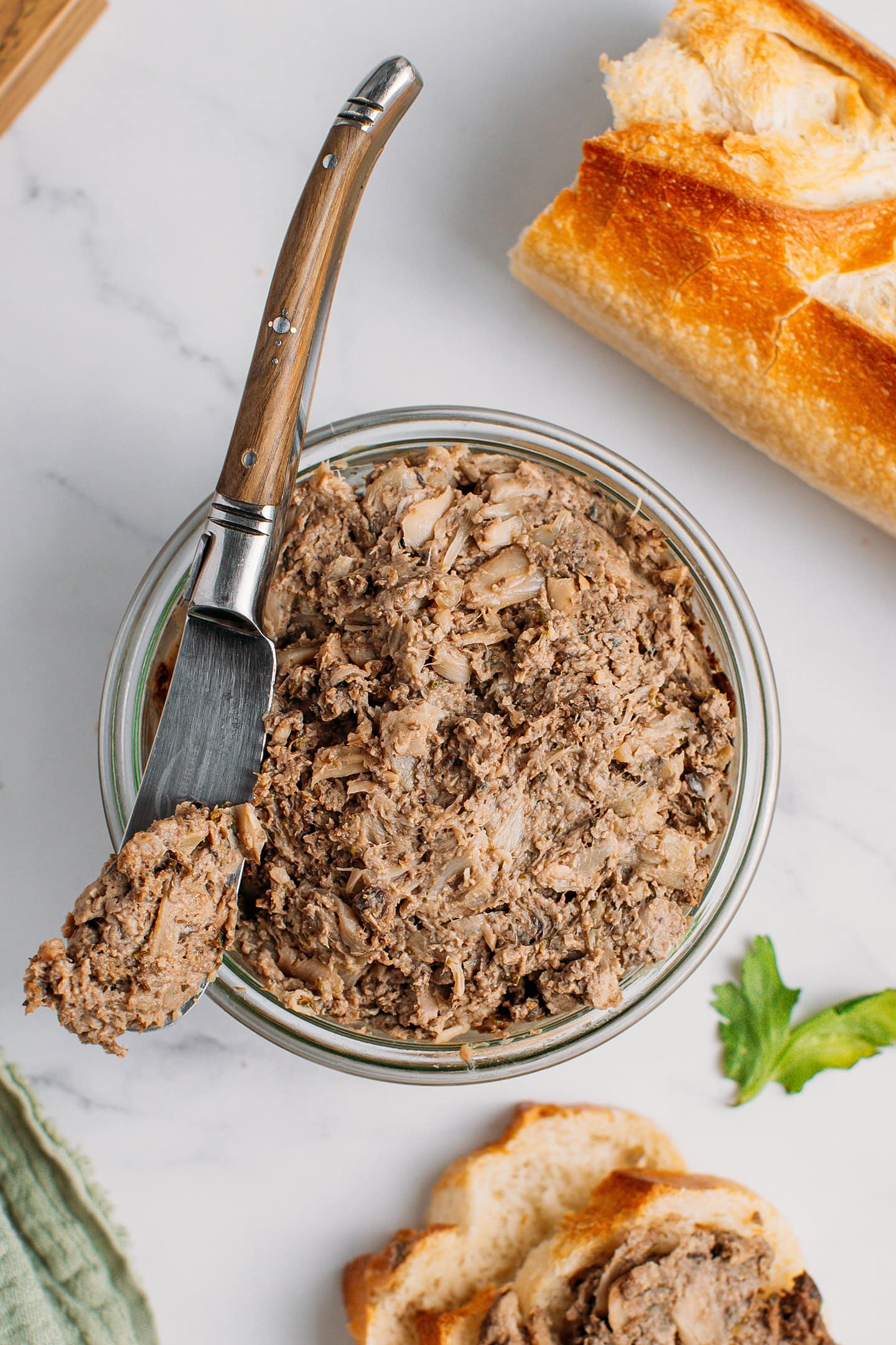 Top view on vegan rillettes in a glass jar.