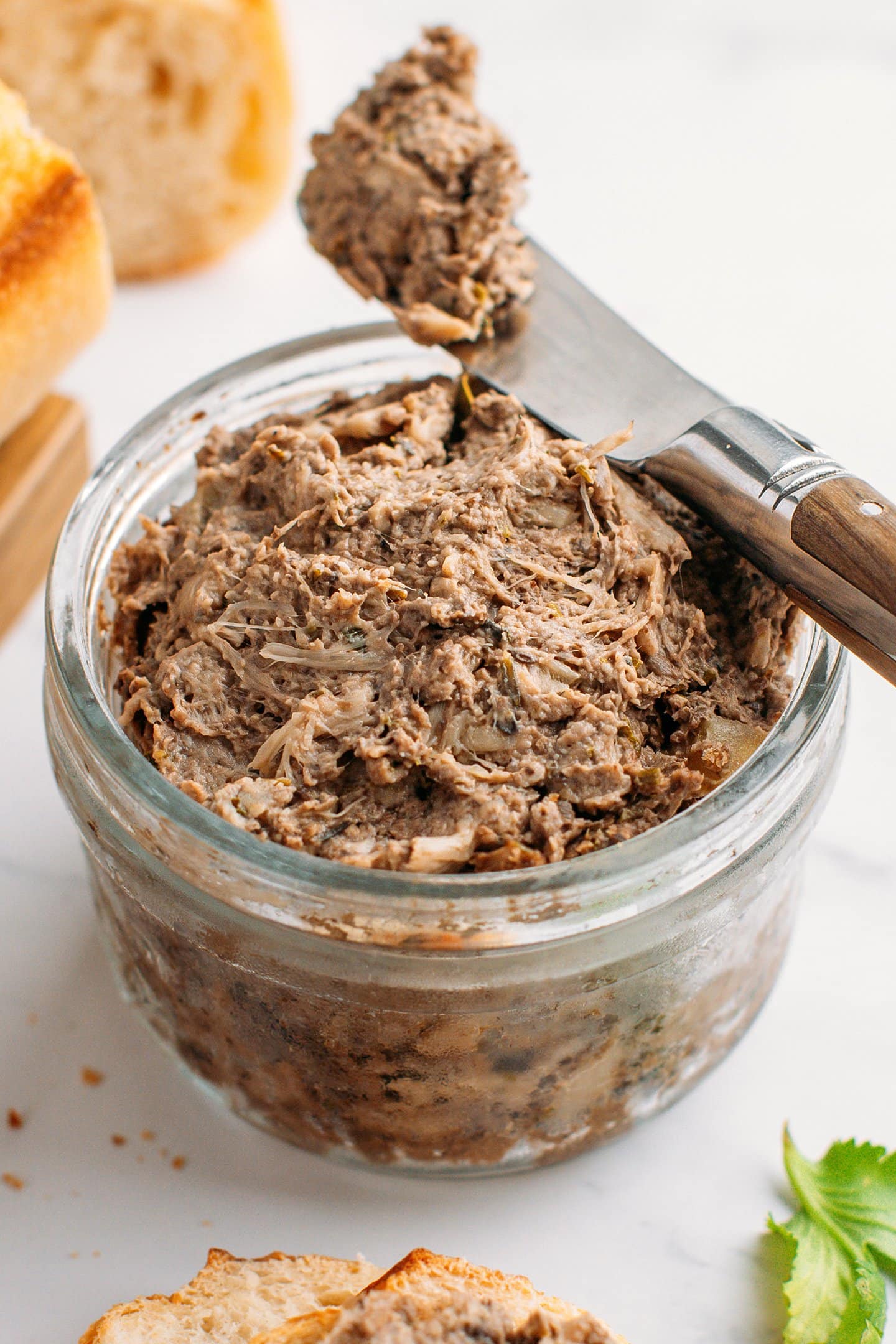 Close-up of vegan rillettes in a jar.