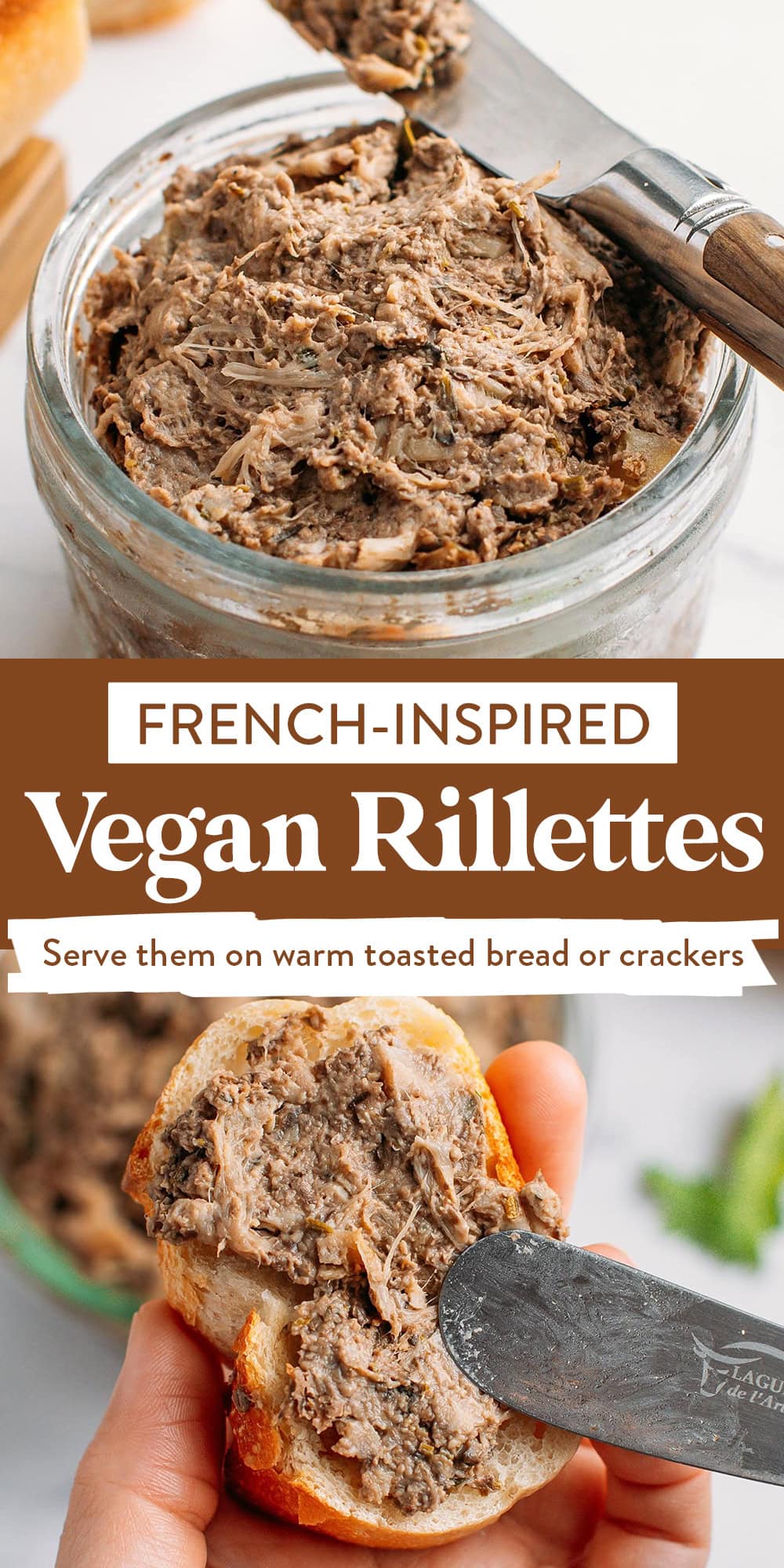 These vegan rillettes are rich, meaty, and have a stringy texture just like the real thing! Made with a hearty base of mushrooms and generously seasoned with a blend of thyme, rosemary, parsley, and four-spice, they are packed with savory flavor. Serve them on warm toasted bread or crackers, or use them in sandwiches!