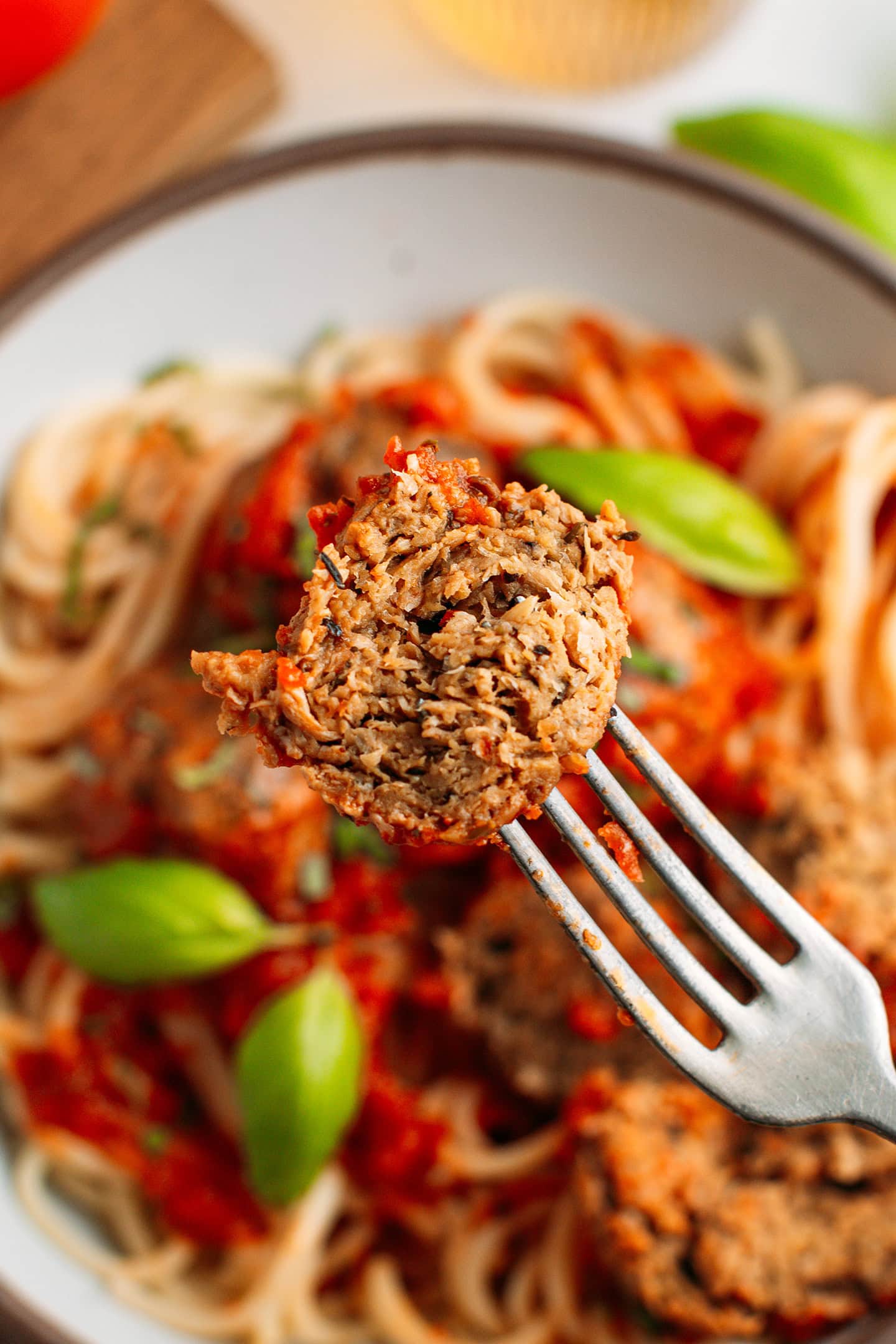 Close-up of the inside of a vegan meatball.