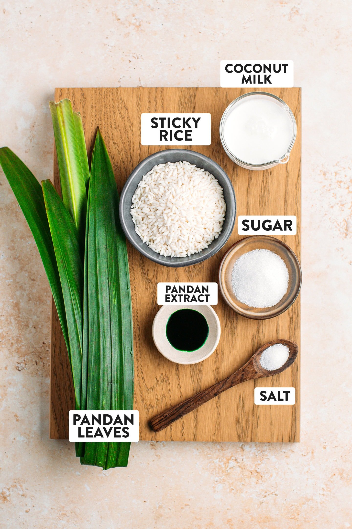 Ingredients like pandan leaves, pandan extract, sticky rice, and coconut milk.