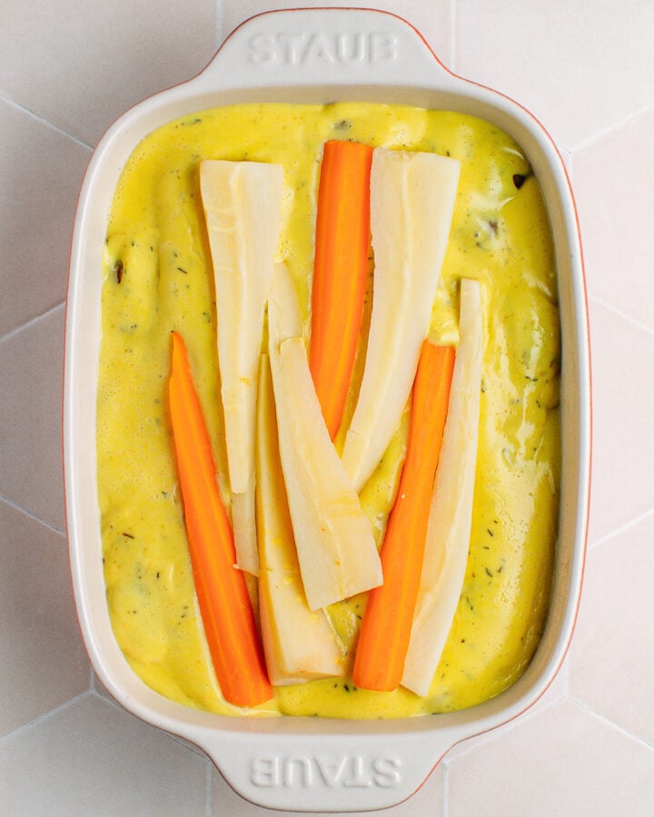 Parsnip and carrot casserole before baking.