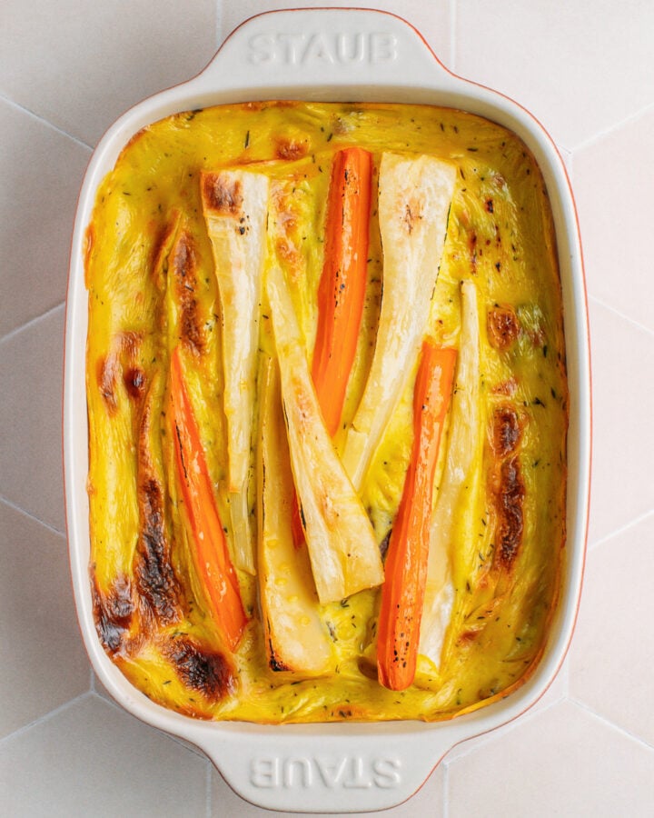 Baked parsnip and carrot casserole.