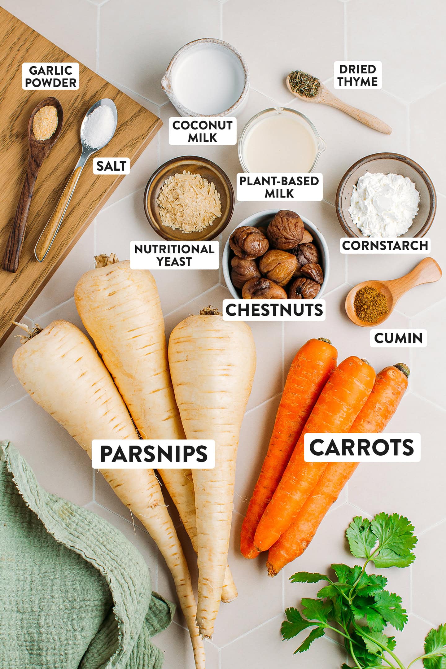 Ingredients like parsnips, carrots, chestnuts, and coconut milk.