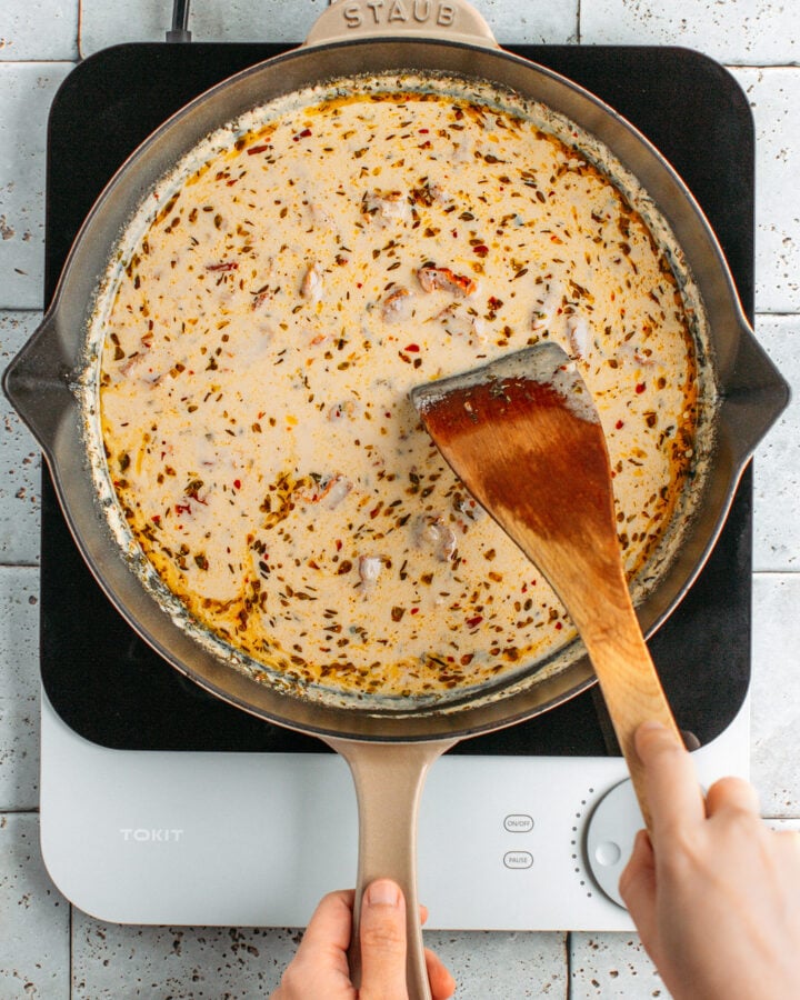 Marry me sauce in a skillet.