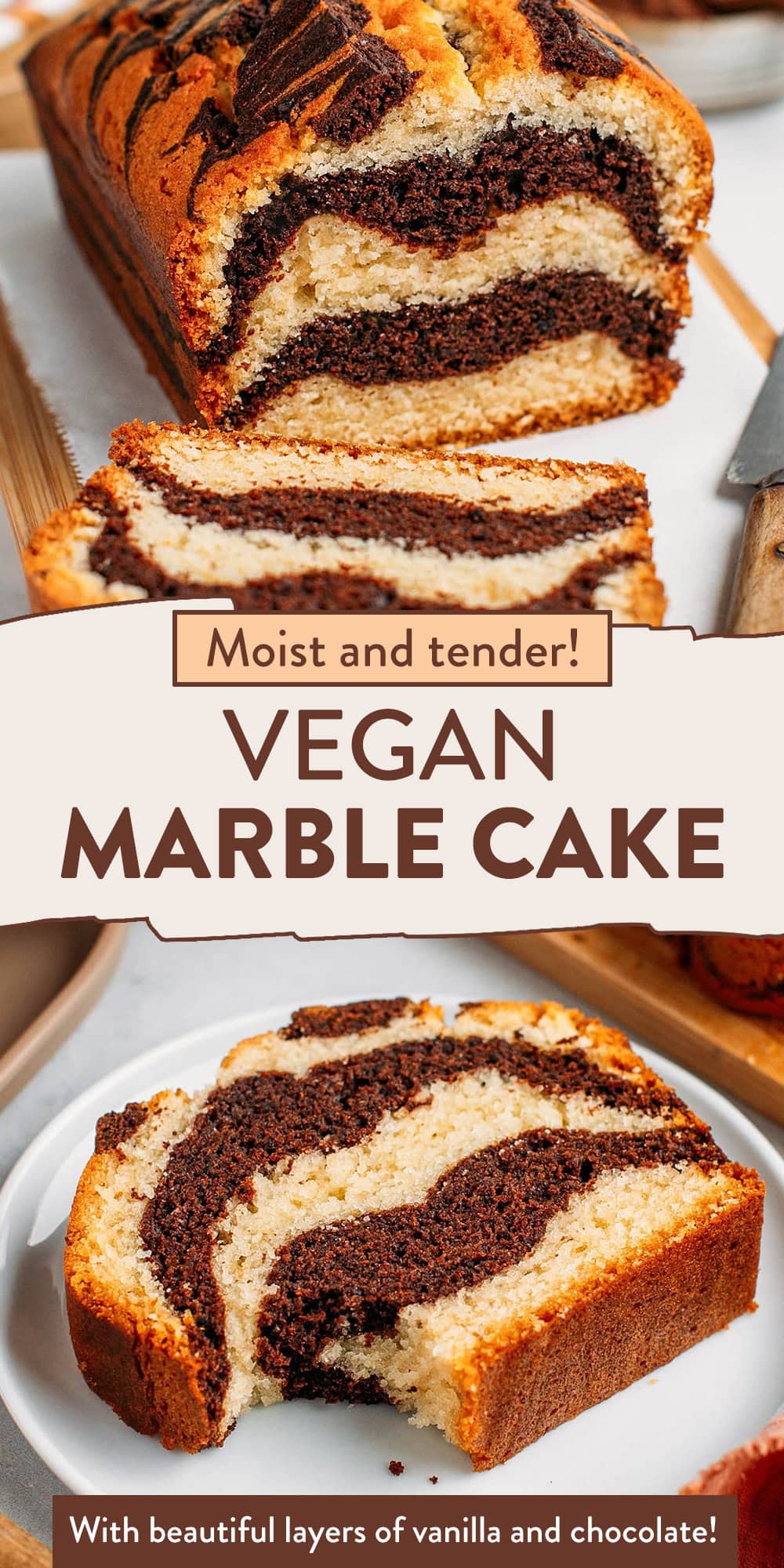 This vegan marble cake starts with a single main batter, with a portion of it flavored with cocoa powder to create beautiful layers of vanilla and chocolate. It's tender, fluffy, and perfectly moist without being too sweet. Great as an after-school snack or to share with family and friends! #vegan #baking