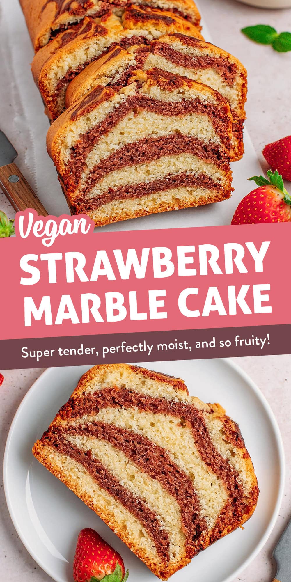 This vegan strawberry marble cake is pure nostalgia in every bite! Super tender, perfectly moist, and buttery, it features layers of ultra-fruity strawberry and floral vanilla. A simple, family-friendly treat that requires only 10 easy-to-find ingredients. No artificial coloring or flavoring here!