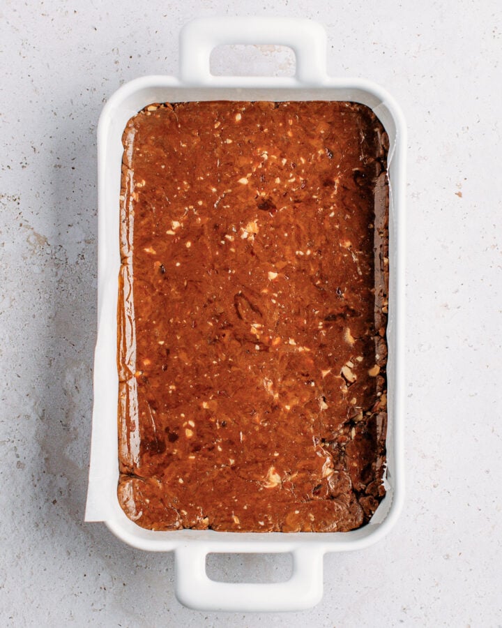 Protein bar layer inside a baking dish.
