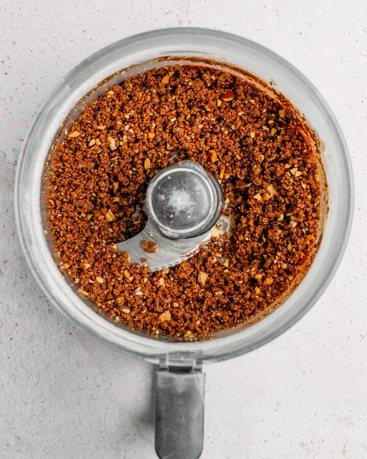 Protein bar mixture in a food processor.