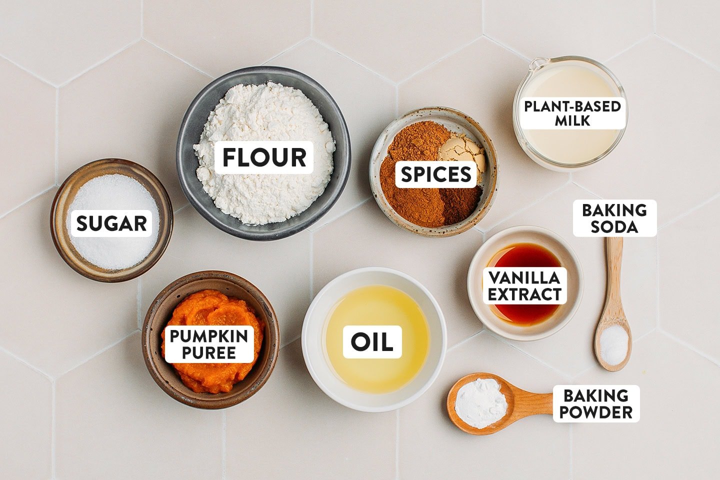 Ingredients like flour, pumpkin puree, oil, and spices.