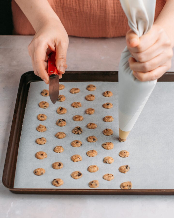 Piping mini cookie cereal on a baking sheet using a piping bag.