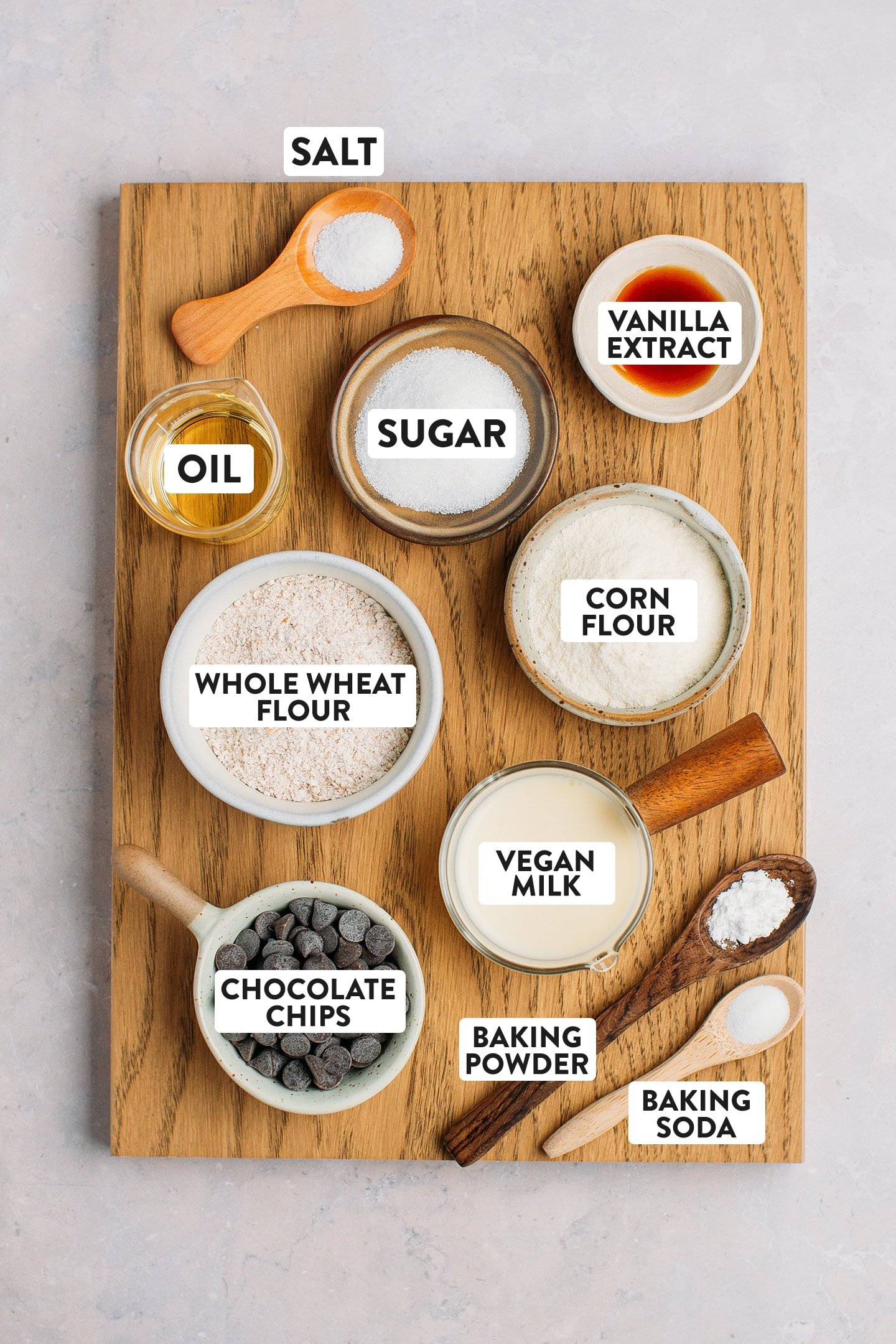 Ingredients like whole wheat flour, corn flour, sugar, and chocolate chips.