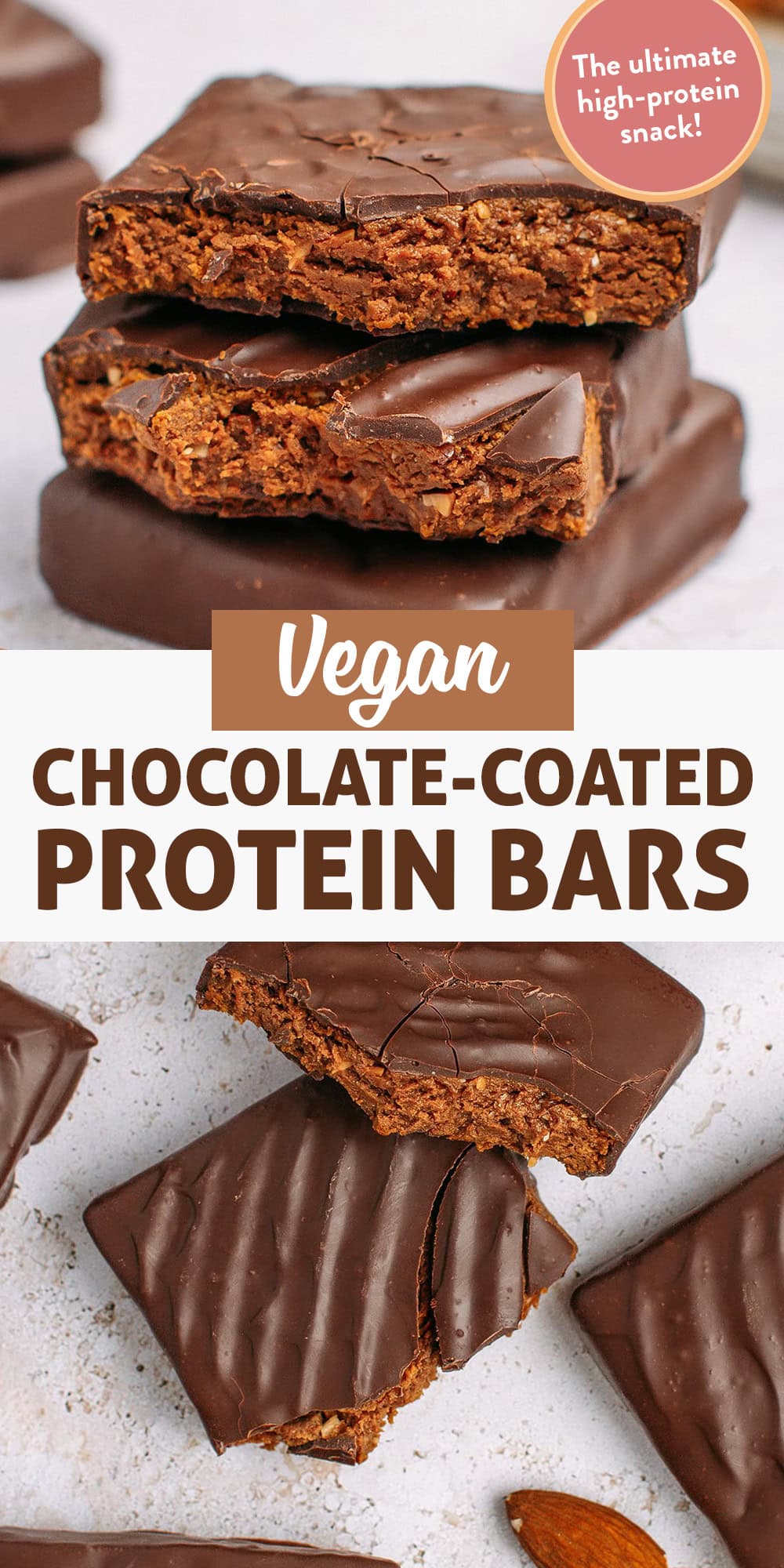 These homemade vegan chocolate-coated protein bars taste just like candy bars! They have a chewy, cookie-dough-like center and a thin chocolate shell that gives you a satisfying snap with each bite. Easy to make, they are the ultimate high-protein snack. Plus, they keep for weeks at room temperature, no refrigeration needed!