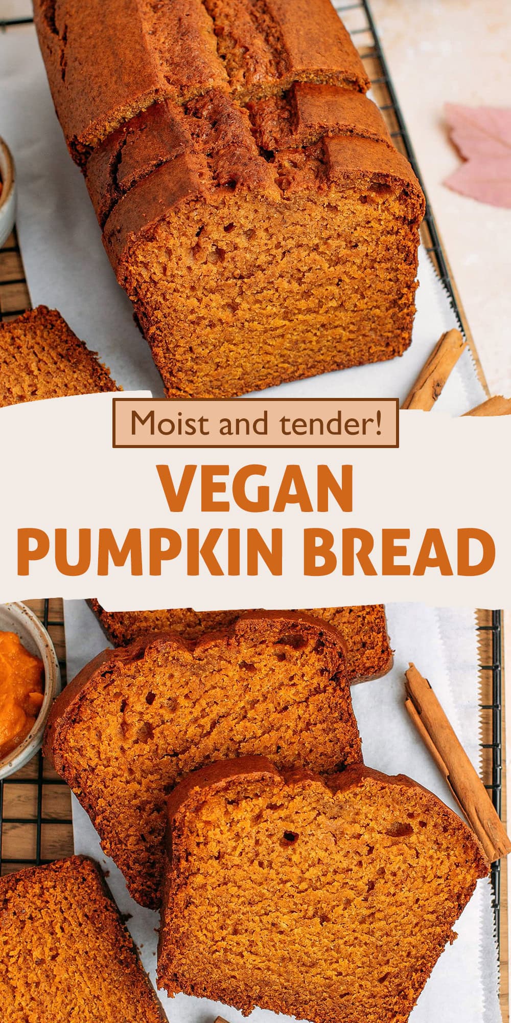 This vegan pumpkin bread is everything you love about the fall season! Perfectly moist, tender, and packed with pumpkin flavor, each slice is infused with warm and comforting spices. Think cinnamon, ginger, and nutmeg, rounded out with a touch of vanilla. A vegan take on the classic that tastes just as delicious!