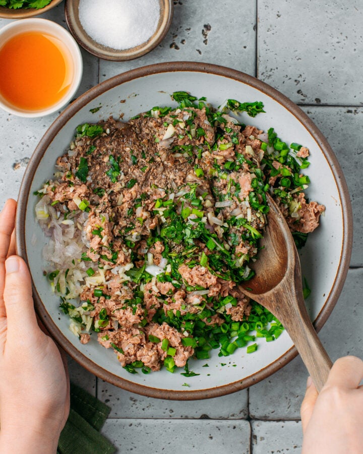 Mixing vegan ground meat with seasonings in a bowl.