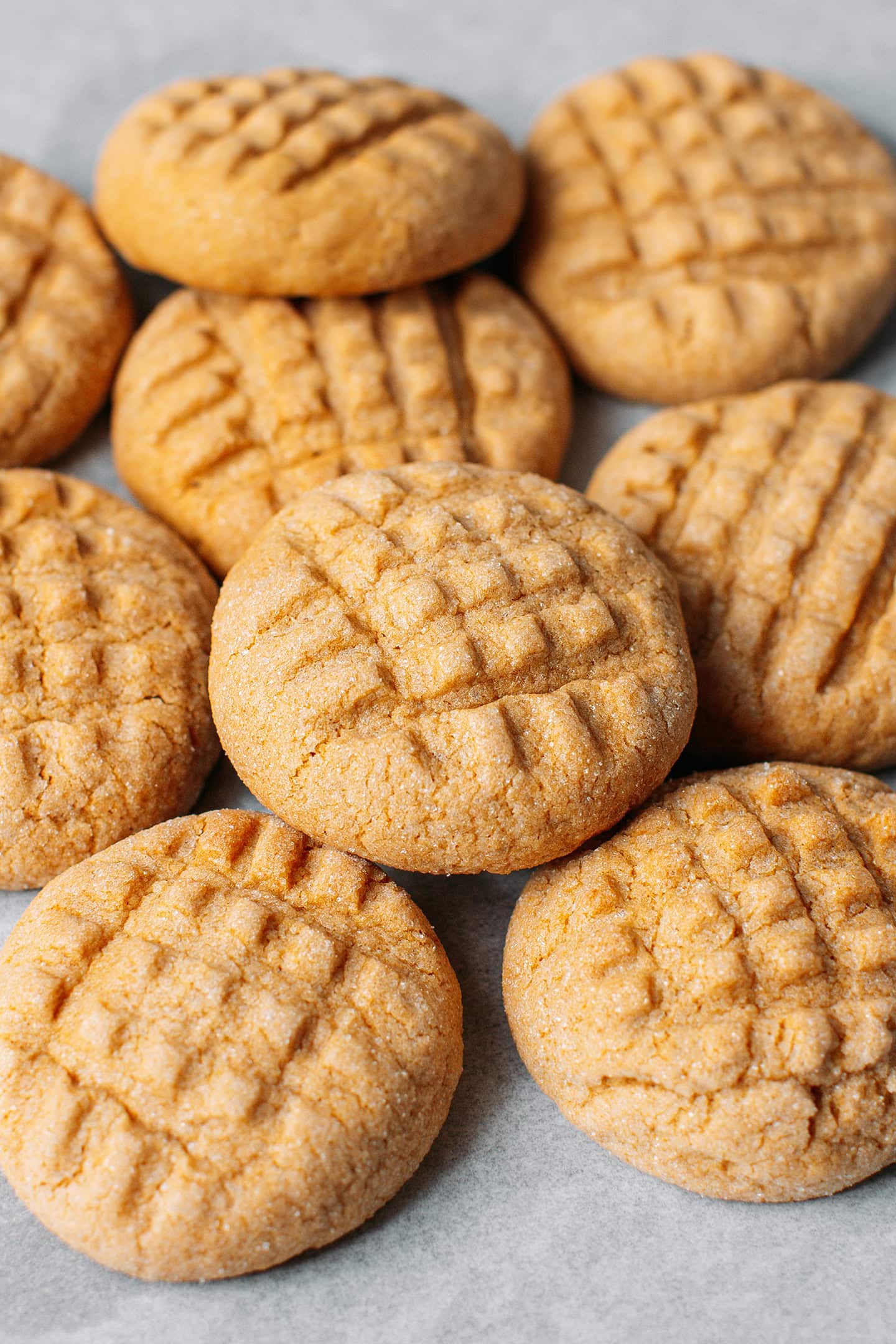 Peanut butter cookies on a baking sheet.