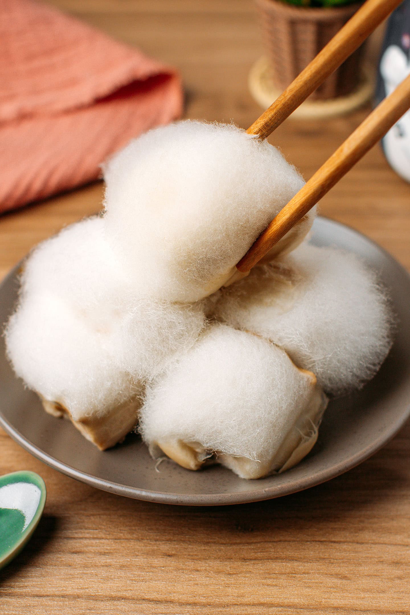 Holding a piece of hairy tofu using chopsticks.