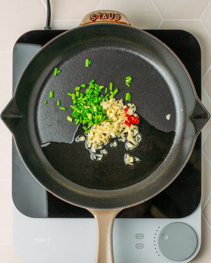 Garlic, green onions, and chili in a skillet.