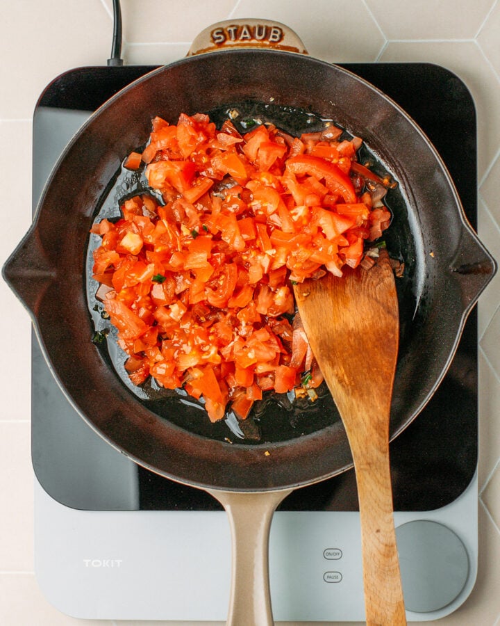 Diced tomatoes in a skillet.