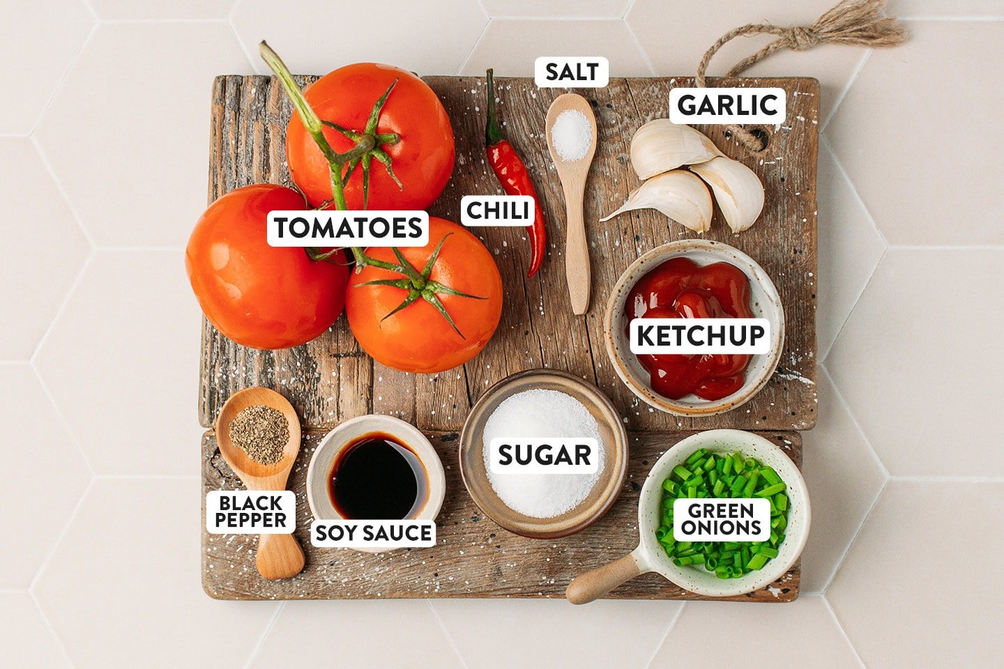 Ingredients like tomatoes, ketchup, garlic, and sugar.