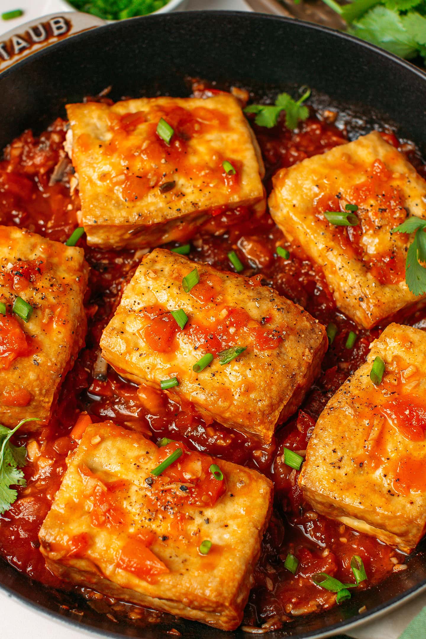 Close-up of stuffed tofu in tomato sauce topped with chopped green onions and ground black pepper.
