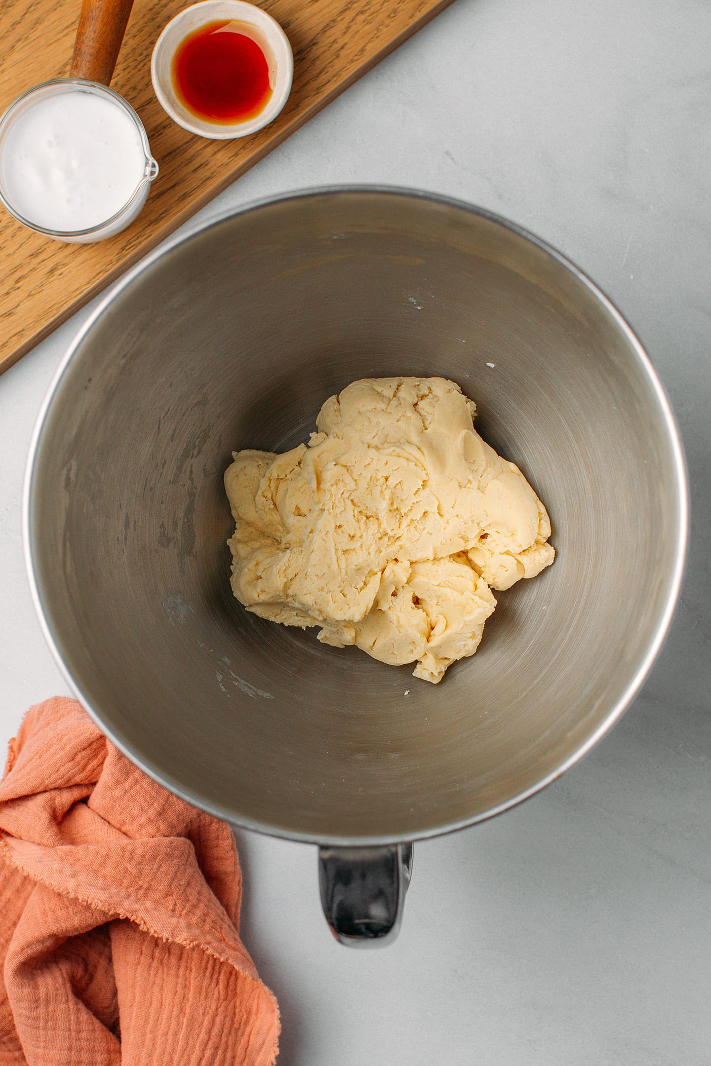 Dough in a stand mixer bowl.