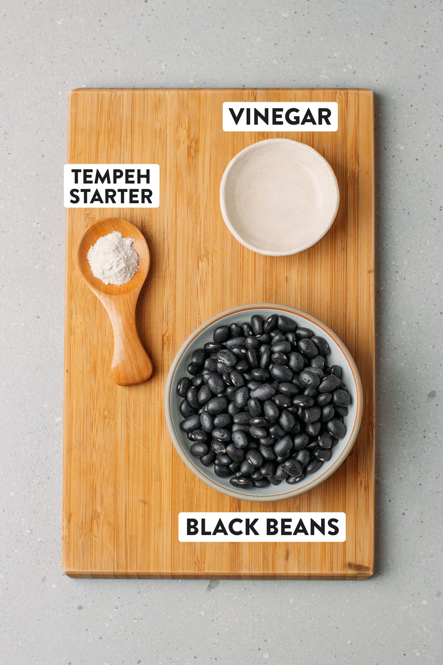 Ingredients like tempeh starter, vinegar, and black beans.
