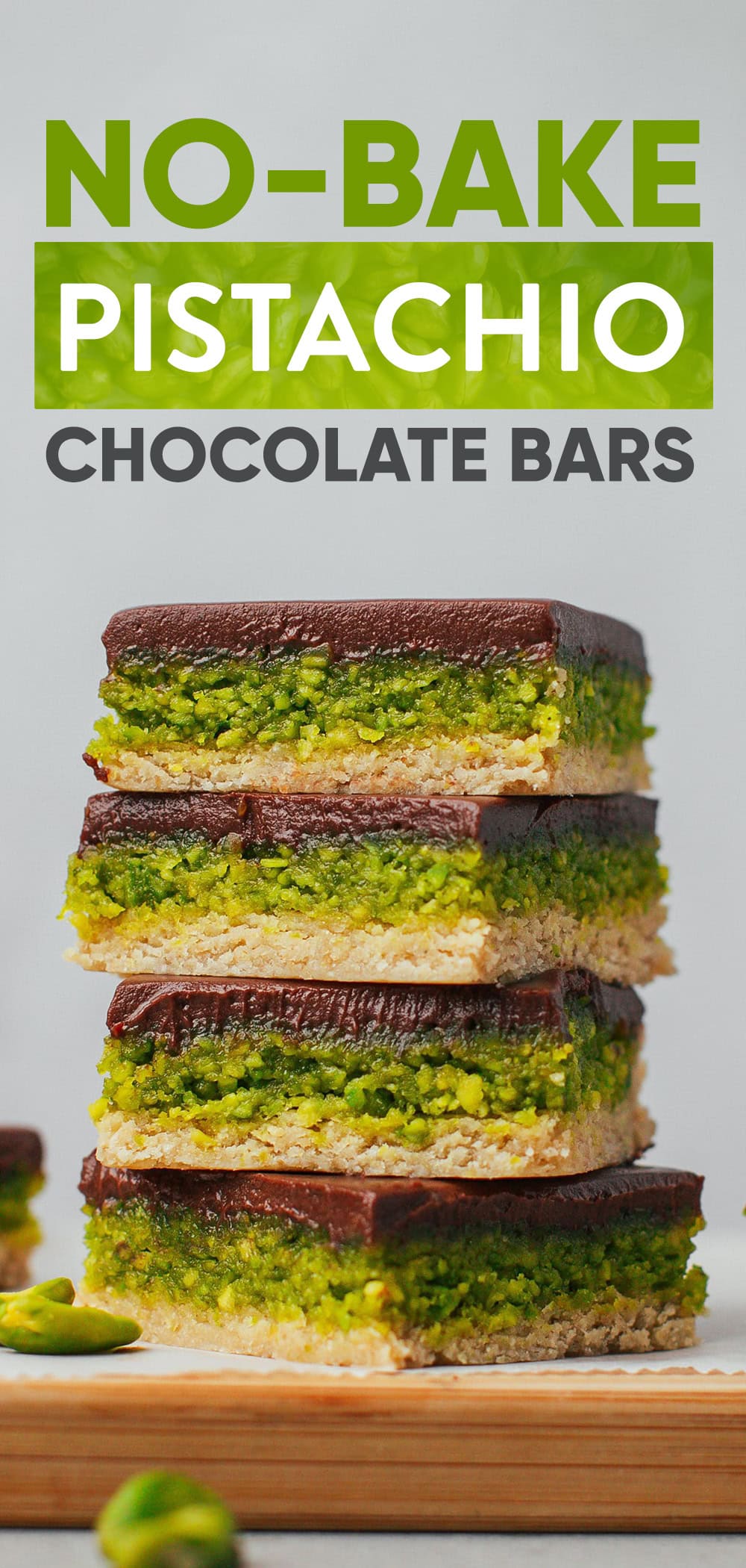 These no-bake pistachio bars have three layers of pure deliciousness! A gluten-free vanilla shortbread, a thick and nutty layer of pistachios, and the icing on the cake: a rich chocolate ganache. Fun, colorful, and so tasty!