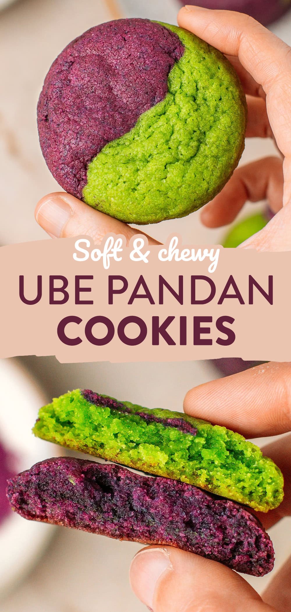 These soft-baked ube pandan cookies have crisp edges and irresistibly chewy centers. Ube powder gives them their vibrant purple color and a subtle toasty aroma, while pandan adds a delicate nutty, floral flavor. My new favorite cookies!