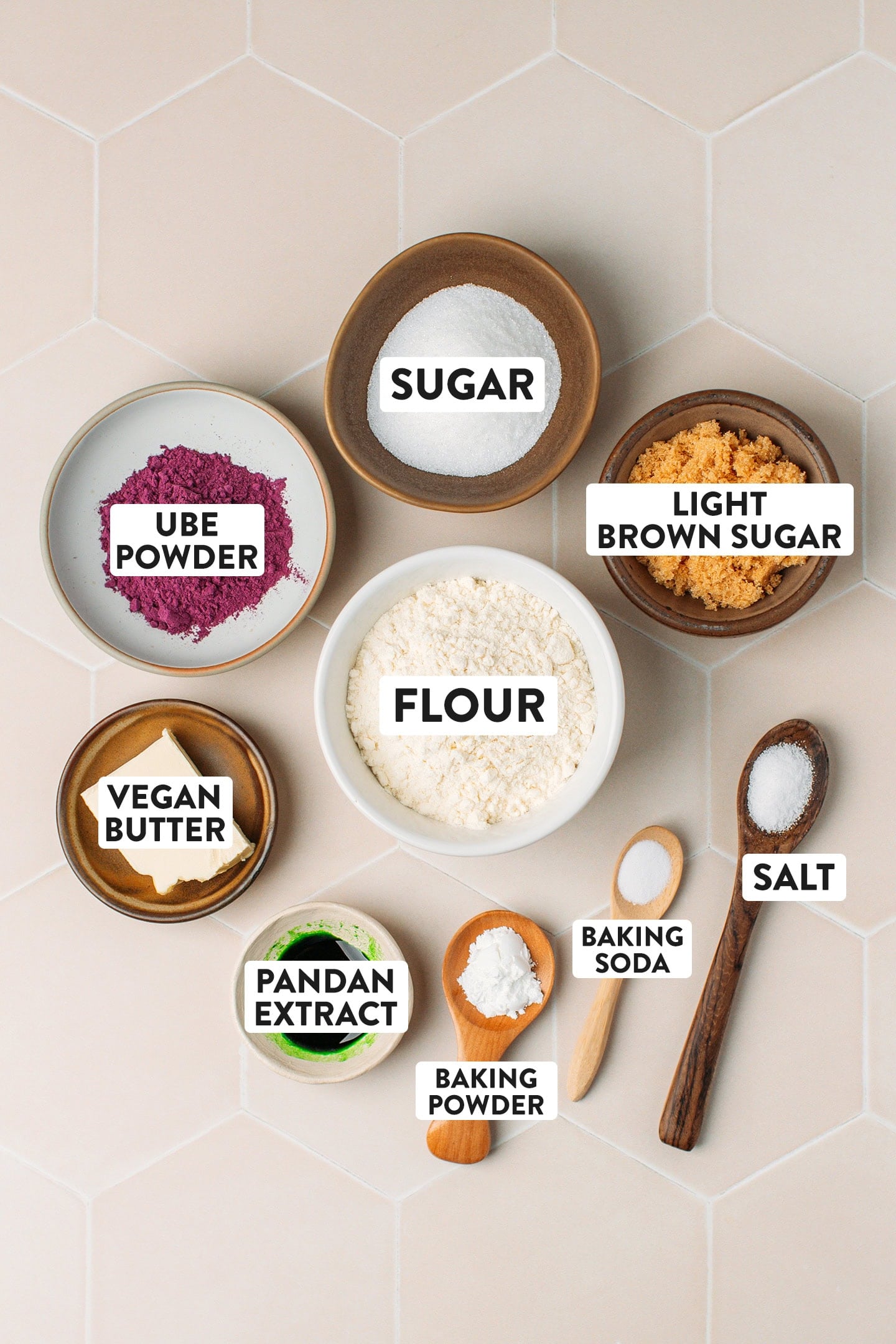 Ingredients like ube powder, light brown sugar, pandan extract, and vegan butter.