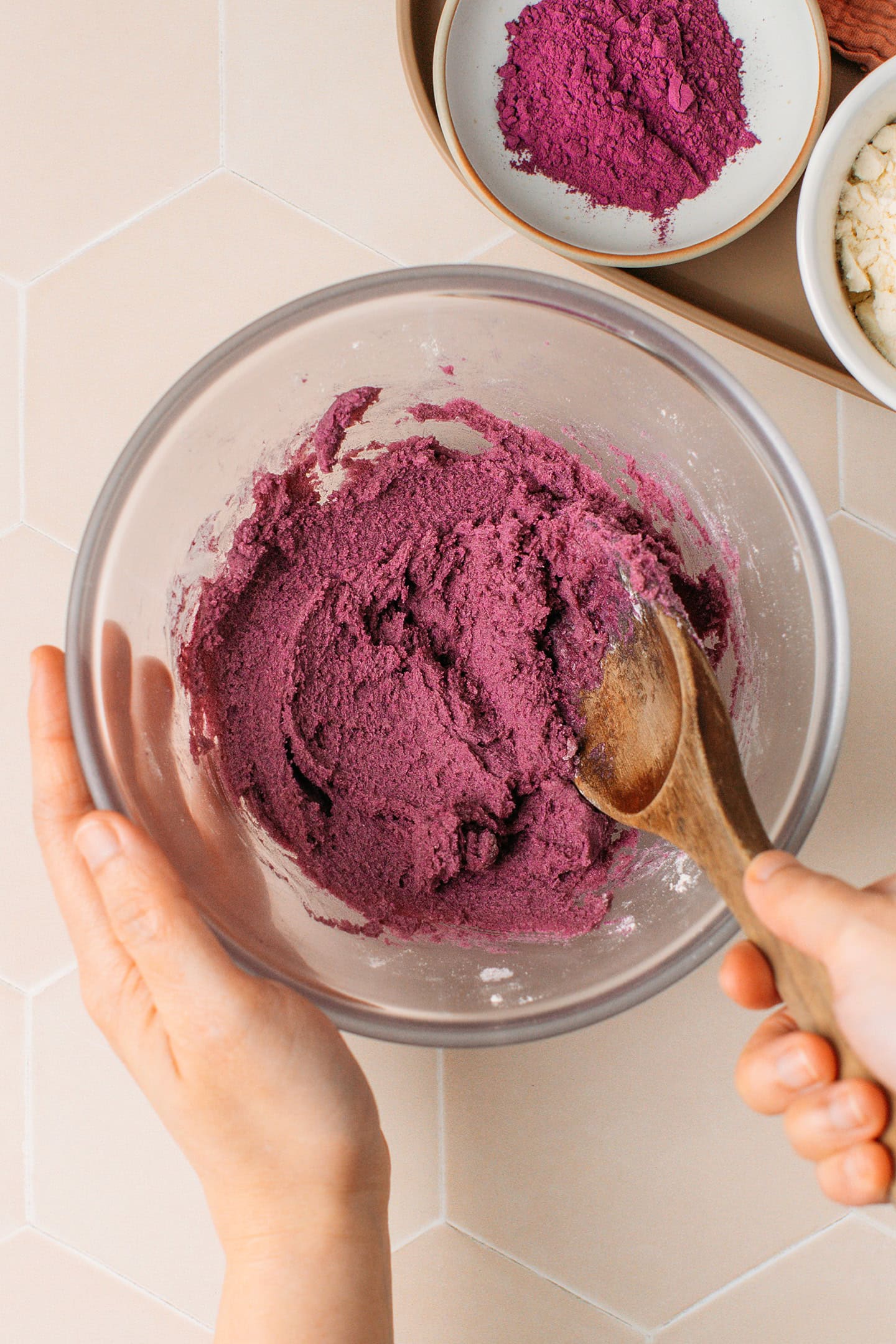 Ube cookie dough in a mixing bowl.