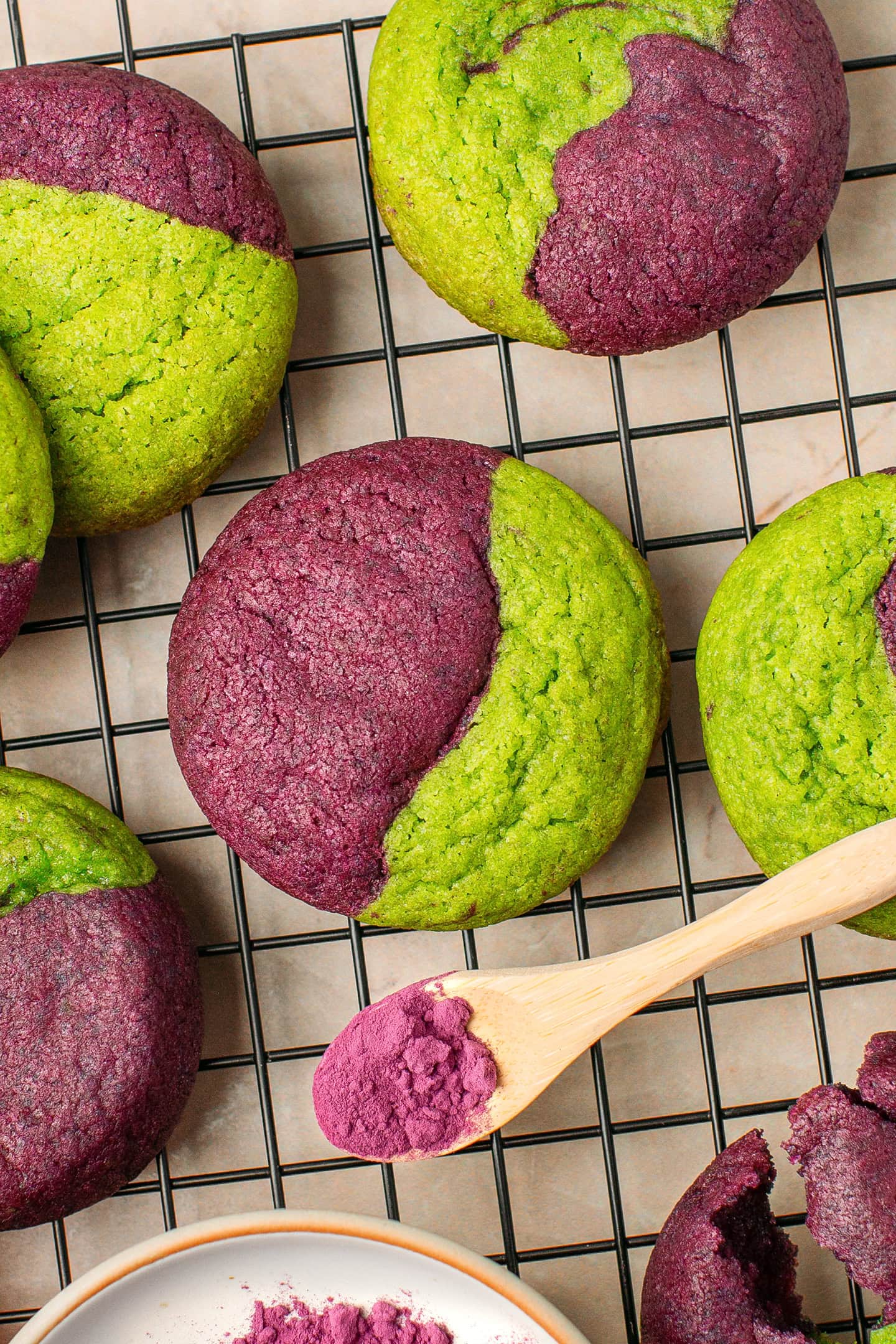 Close-up of ube pandan cookies on a cooling rack.