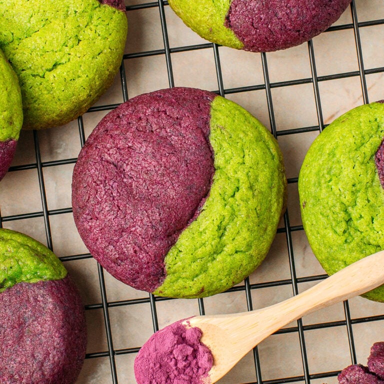 Ube pandan cookies on a cooling rack.
