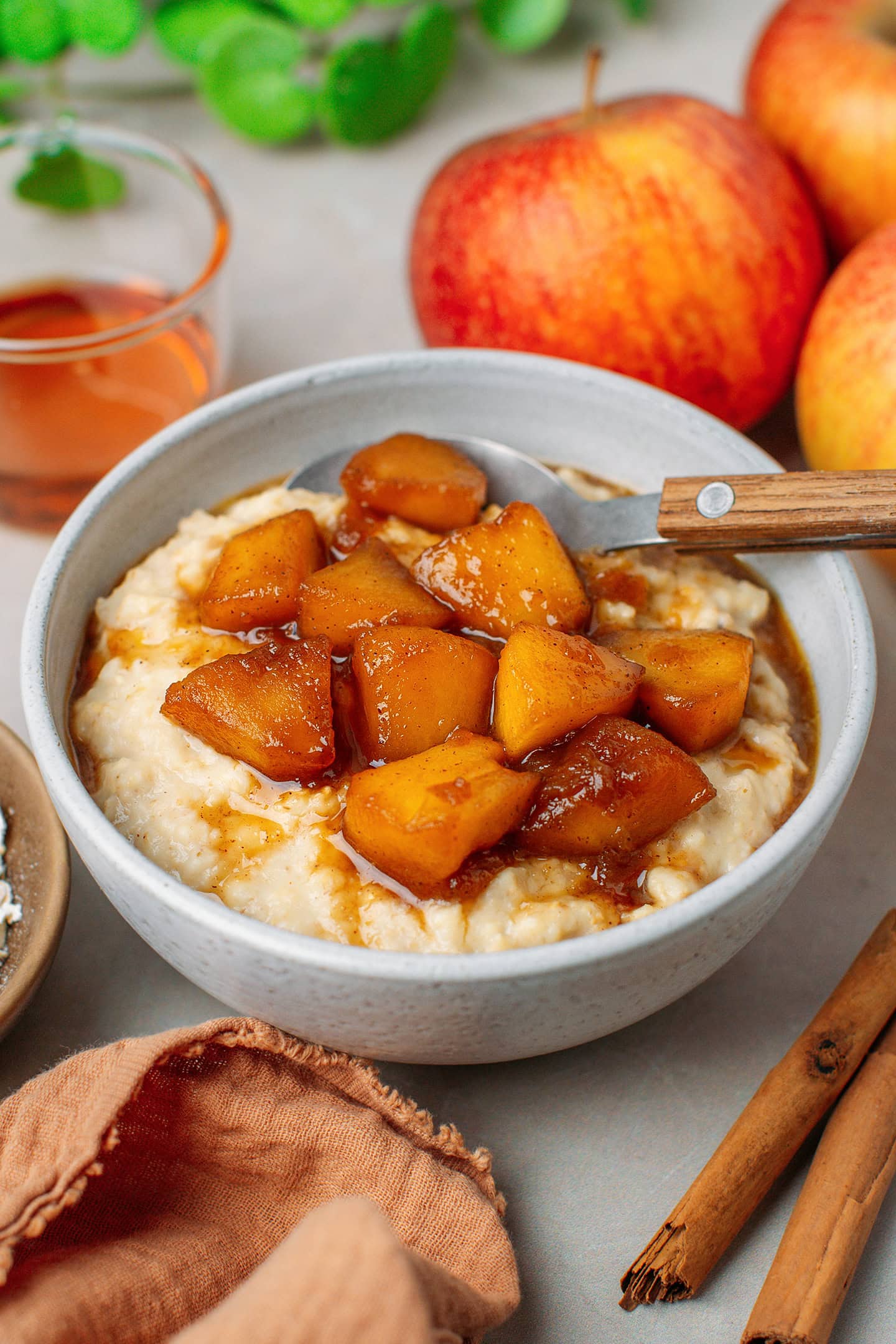Bowl of cinnamon oatmeal topped with gooey apples.