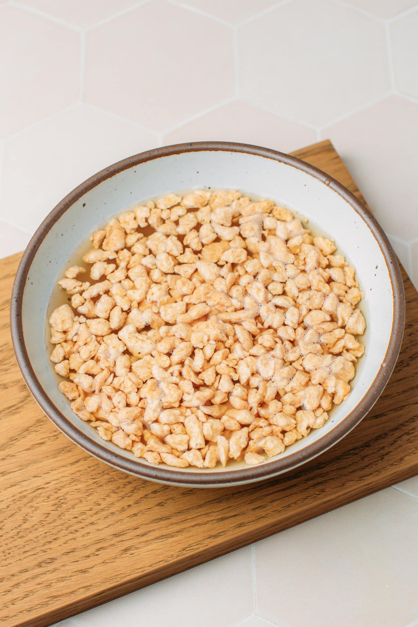 TVP rehydrating in a bowl.