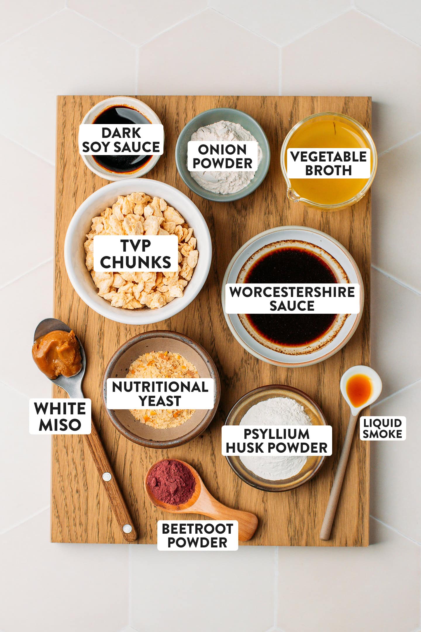 Ingredients like TVP chunks, nutritional yeast, worcestershire sauce, white miso, and soy sauce.