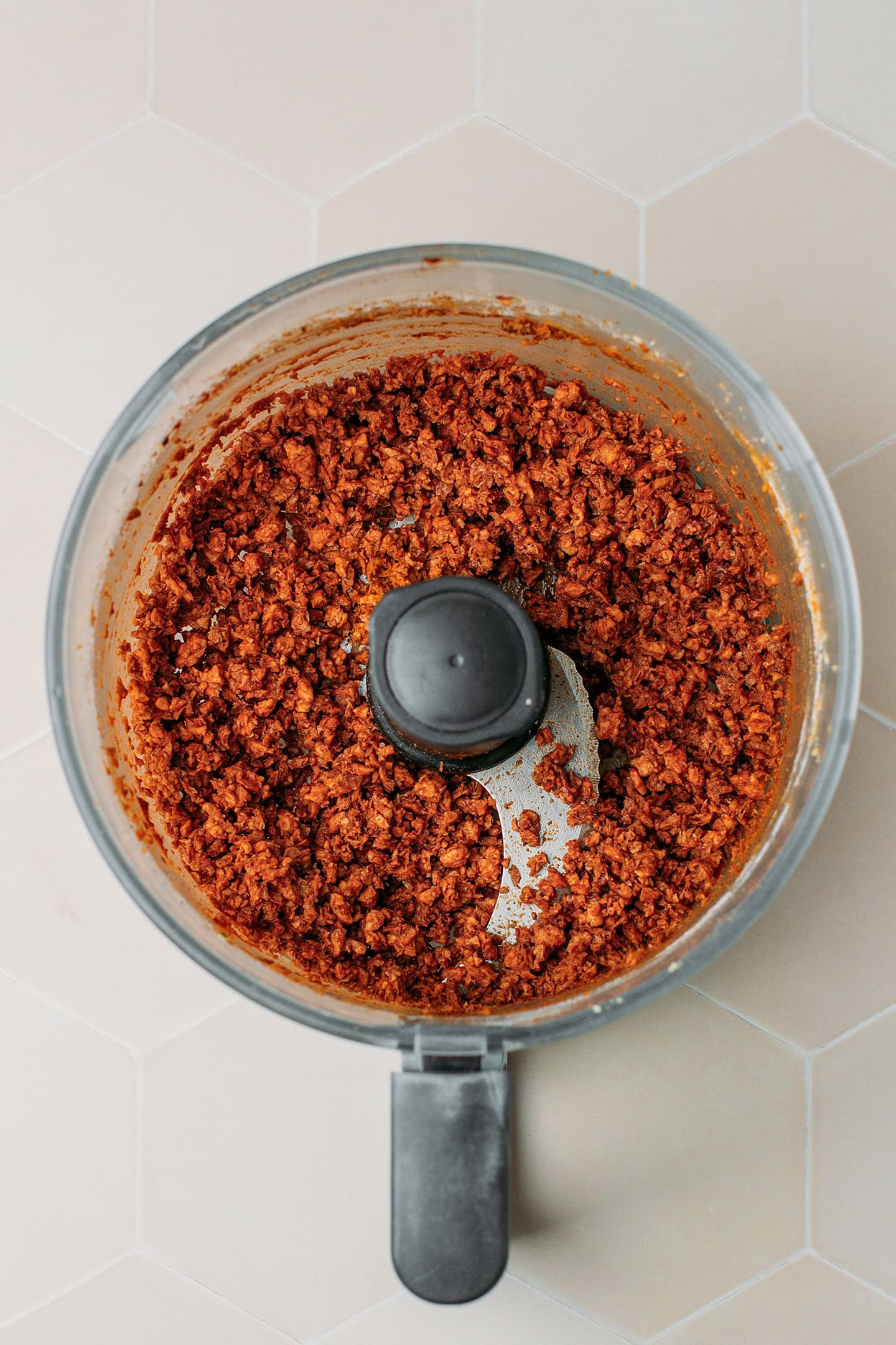 Processed TVP in a food processor.